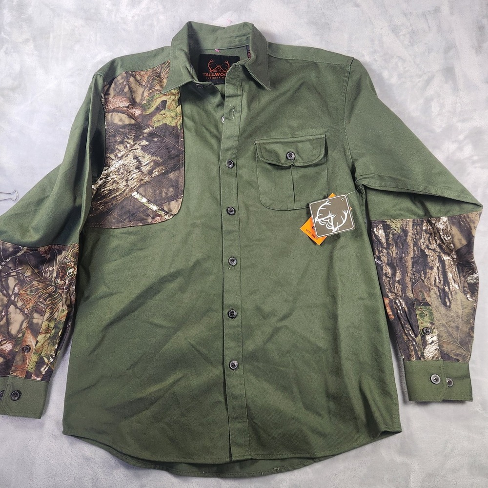 Tallwoods Shirt Mens Large Green‎ Camouflage Padded Shoulder Long Sleeve Pockets